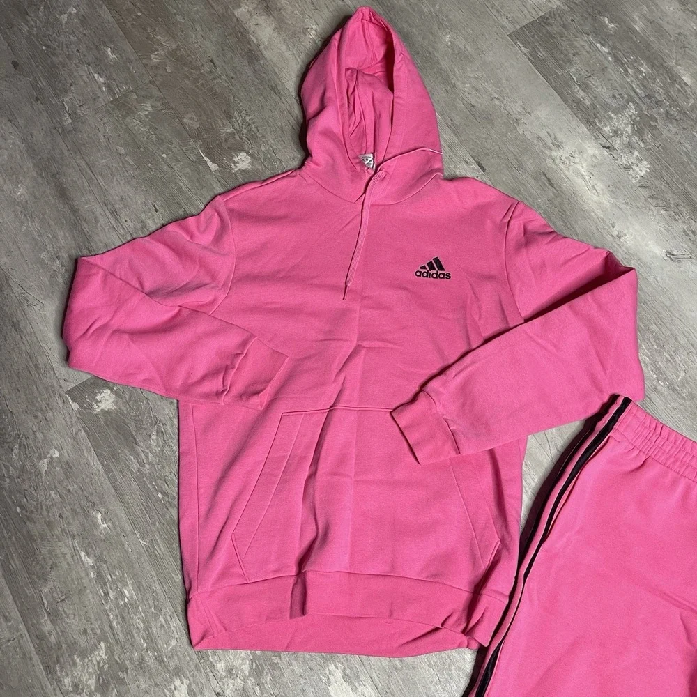 Mens Adidas Fleece Pink/black Hoodie &‎ Sweat Shorts Top Size M Bottom Size L
